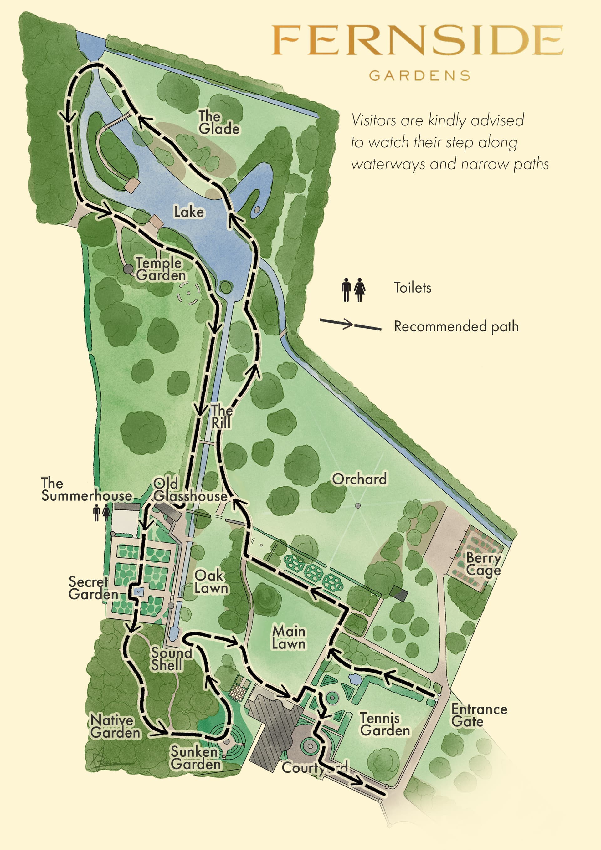 Fernside Gardens Map showing garden rooms and recommended walking path
